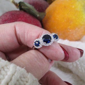 Blue Sapphire 3 Stone Ring>Halo Design>925 Sterling,Sparkling Simulated Diamonds